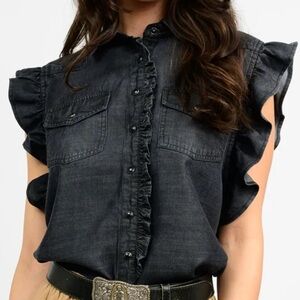 Sister Mary Women's Ruffled Black Denim Top
